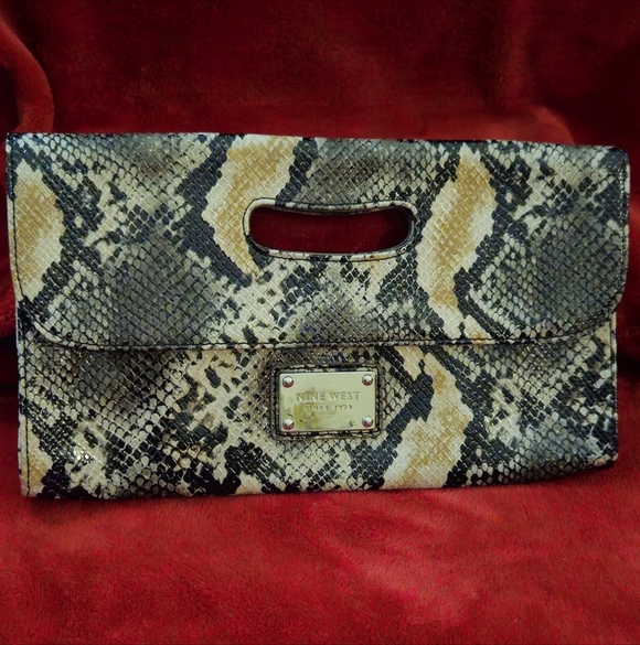 Nine West Snakeskin Pattern Clutch-Black, Tan, & Cream - Picture 1 of 6